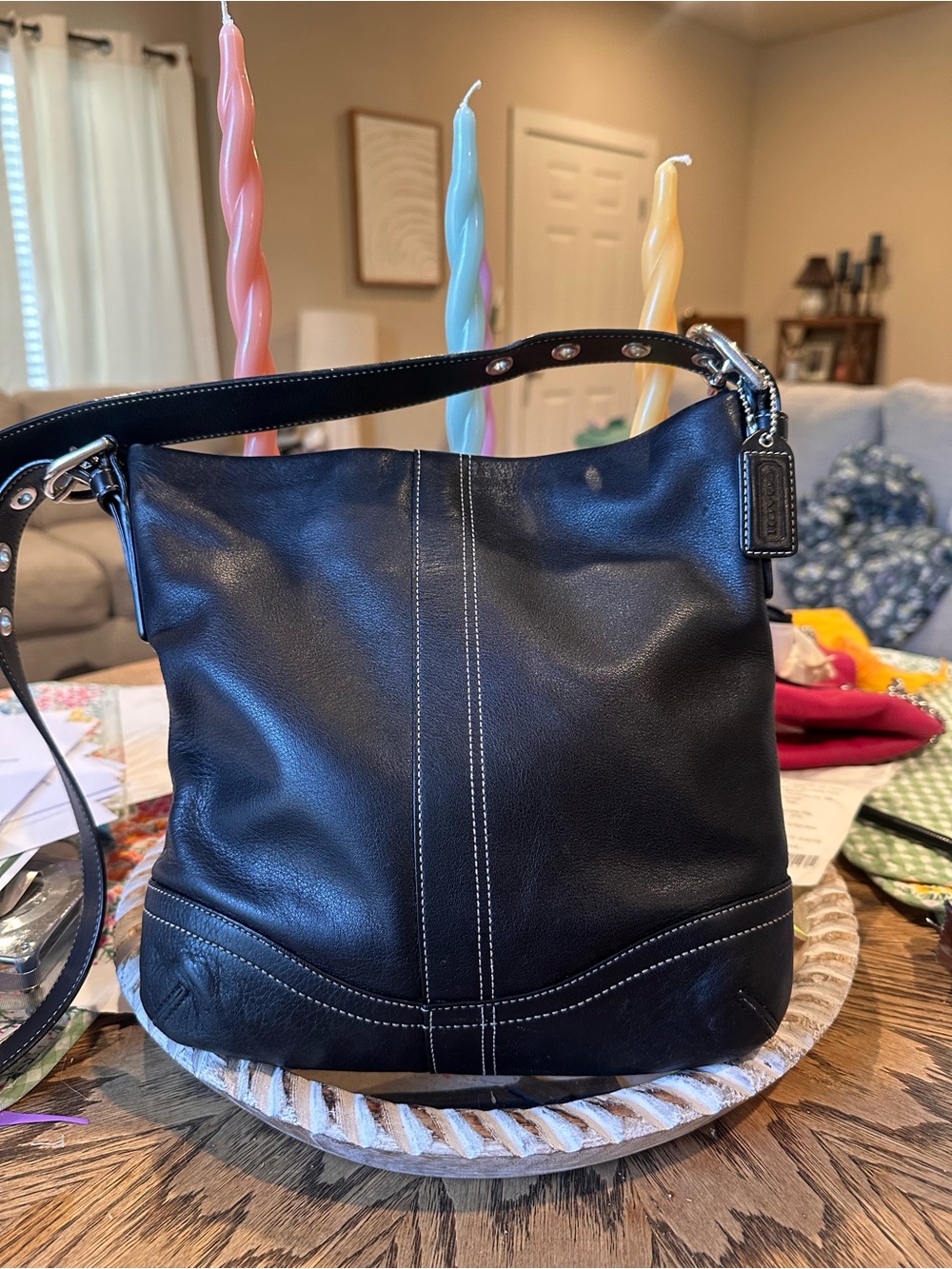 Coach Soho Slim Black Leather Convertible Strap with Contrast Stitching